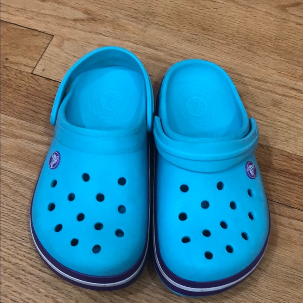 Turquoise and purple Crocs size 3 big kid